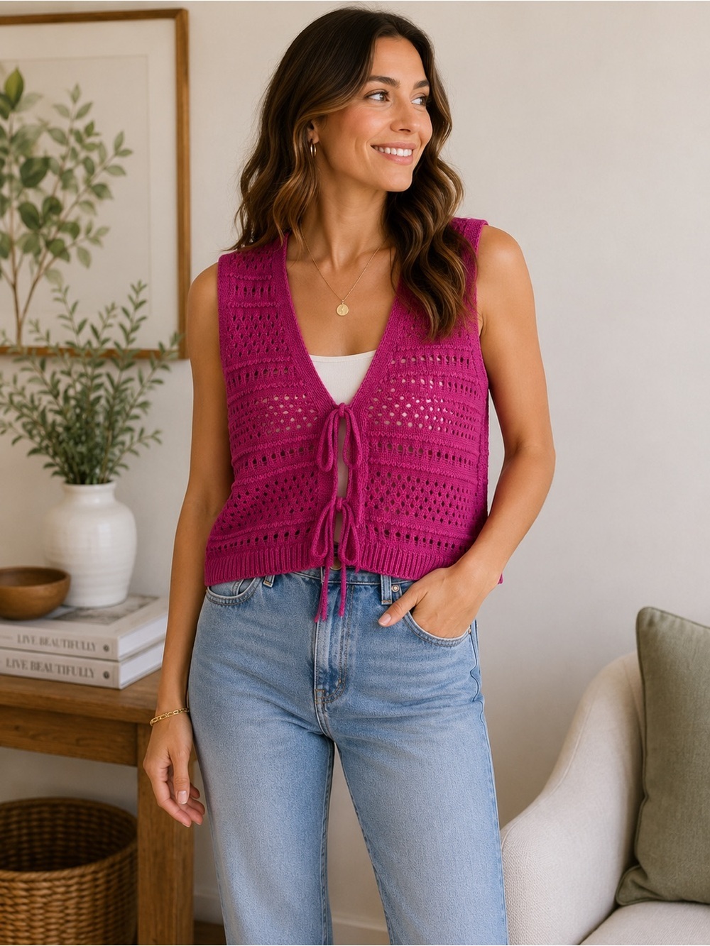Free People Beach Mairead Fauxchet Top Magenta Crochet Tie-Front Vest XS